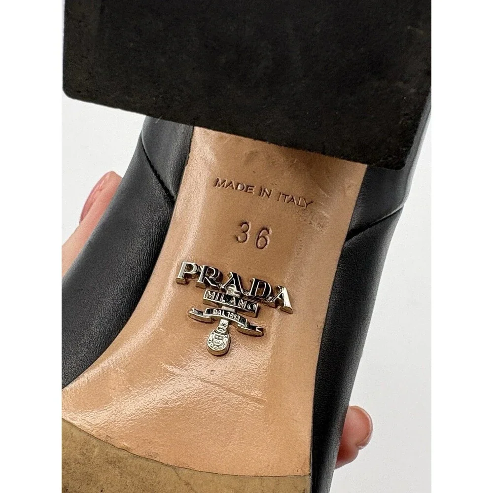 Prada Black Leather Block Heel Ankle Boots Silver Grommet Accent Sz EU 36